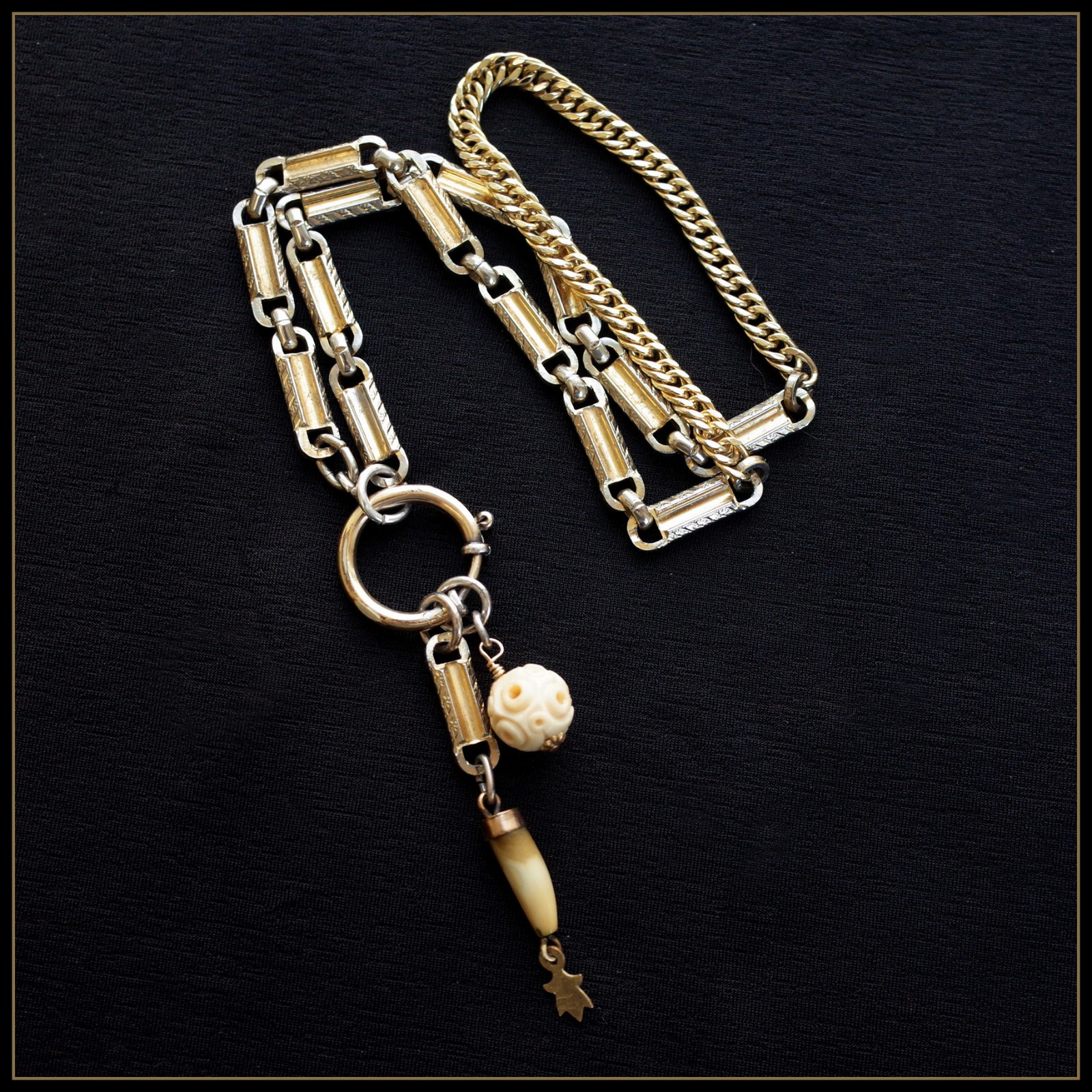 Antique Tooth Fob & Carved Bead Necklace 2 Tone Silver Gold Bar Link Watch Chain