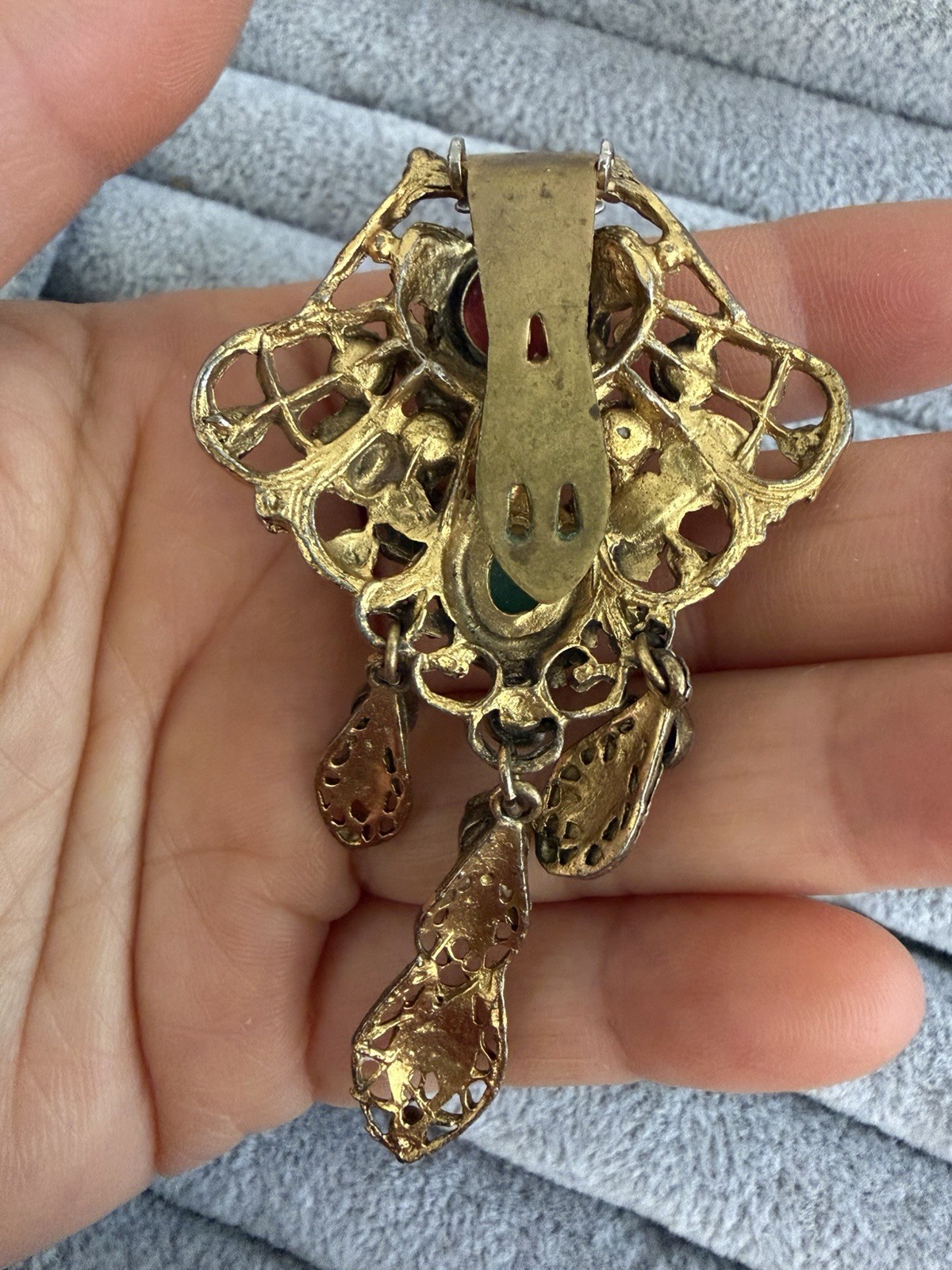 Vintage Filigree Dangle Clip Brooch Faux Pearls Cabochons Rhinestones AS IS