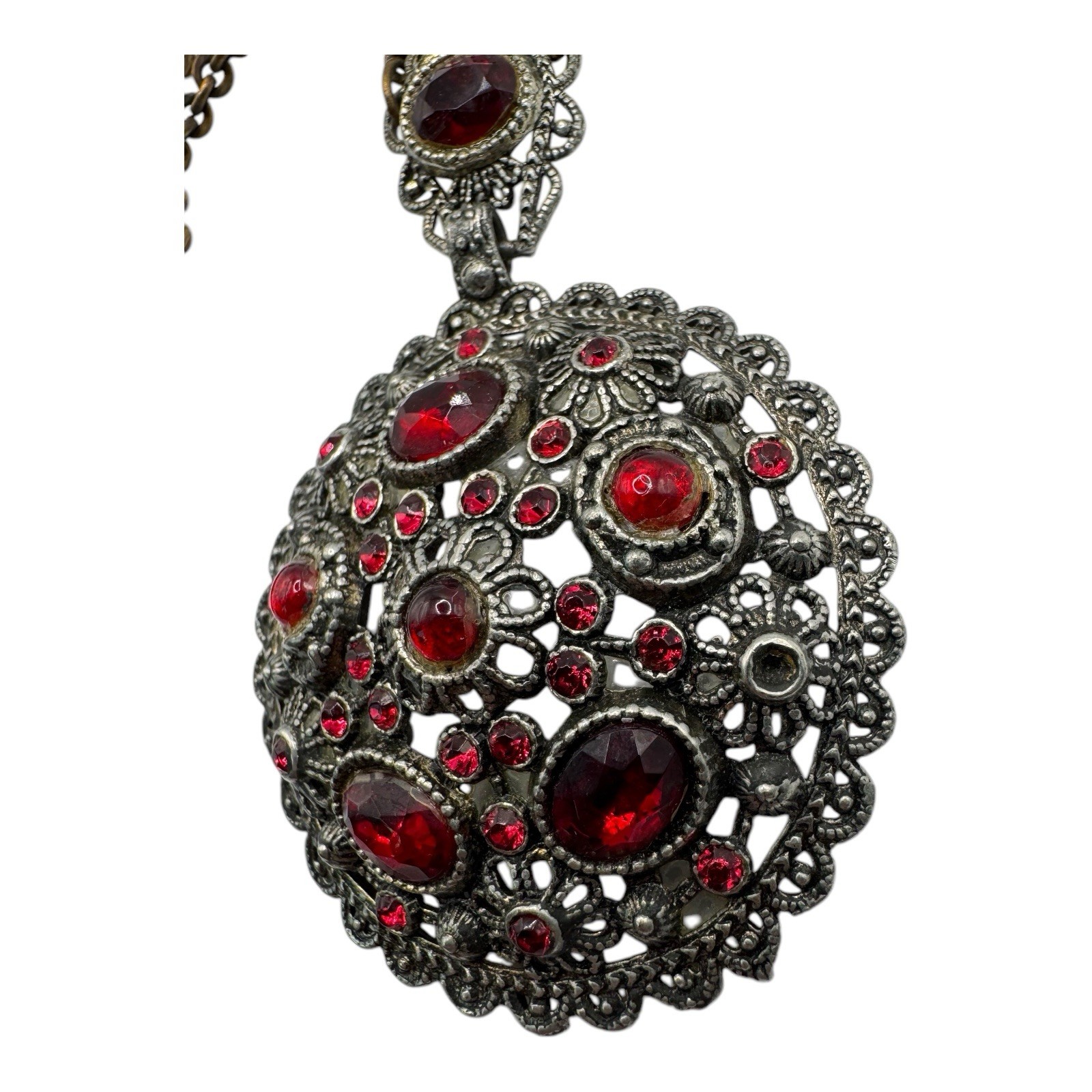 Vintage NE Glass Works Filigree Pendant Necklace – Red Glass Stones, Goblet Mark