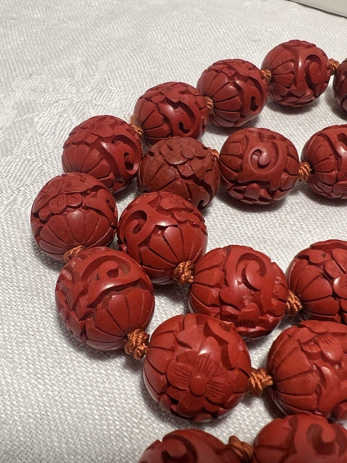 Vtg. 26” Chinese Carved Cinnabar Lacquer 1/2”Bead Necklace Silver Filigree Clasp