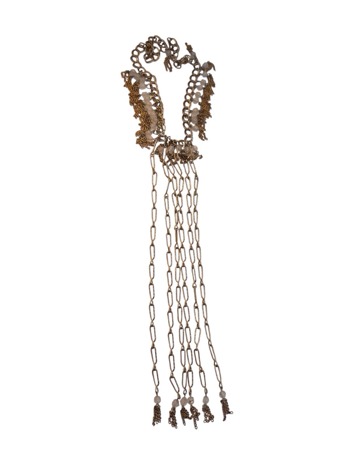 Bead Fringe Bib Necklace 1970s Cuban Link Chain Tassels Frosted Glass Gold T. WB
