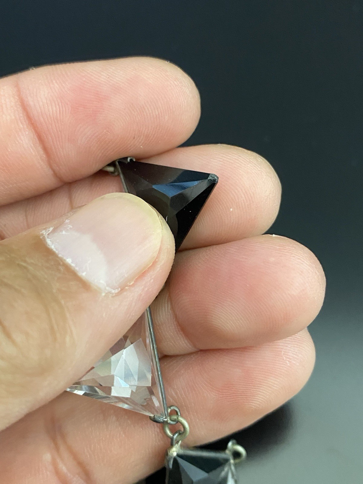 Art Deco VTG Silver Tone Trillion Cut Clear & Black Rock Quartz Choker Necklace