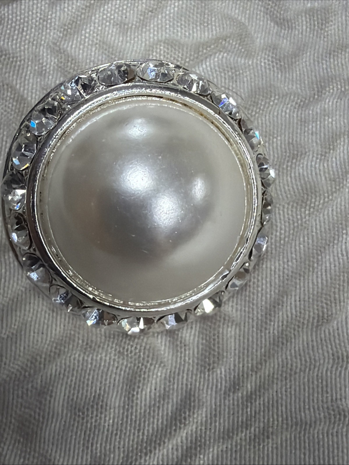 Vintage Large Dome Faux-Pearl Cabochon Encircled by a Halo of Clear Rhinestones