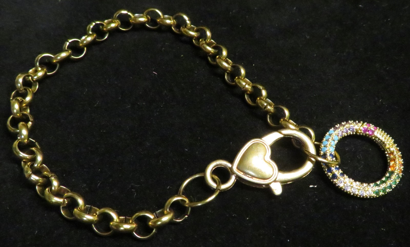 Vintage Heart Clasp 8″ Bracelet Gold Tone Multi Color Rhinestone Circle Ring GUC