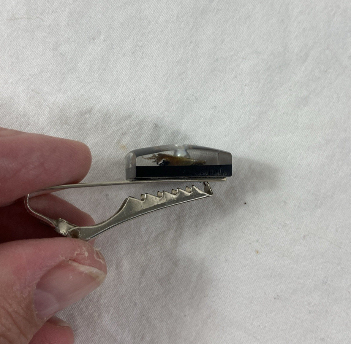 VTG Tie Clip Cuff Links Set Oyster Shell Pearl Inlay Black Resin Rectangle Japan