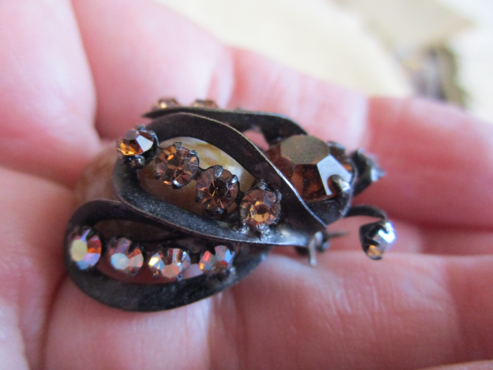 Unsigned Warner Vintage Bug Brooch, Brown/white rhinestone dark metal FE24-19
