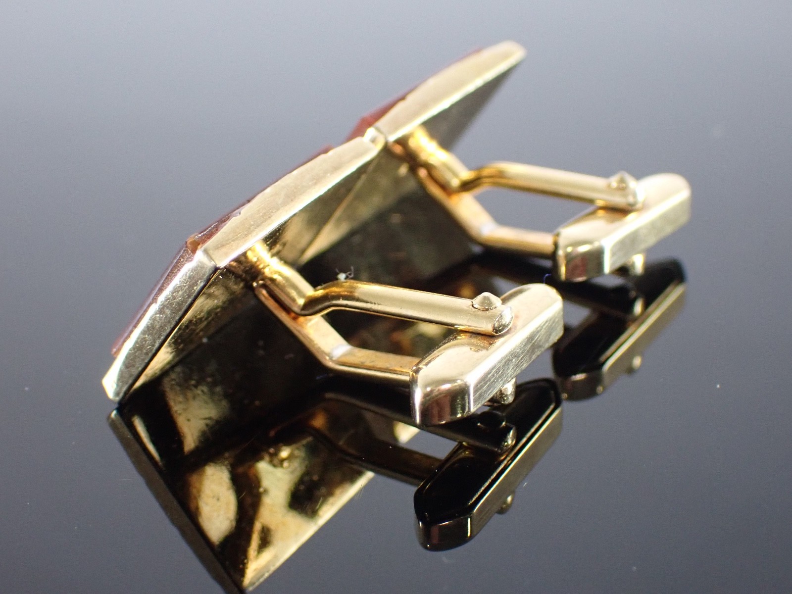 Vintage Gold Tone Red Stone Rectangular Cufflinks Mid Century Style