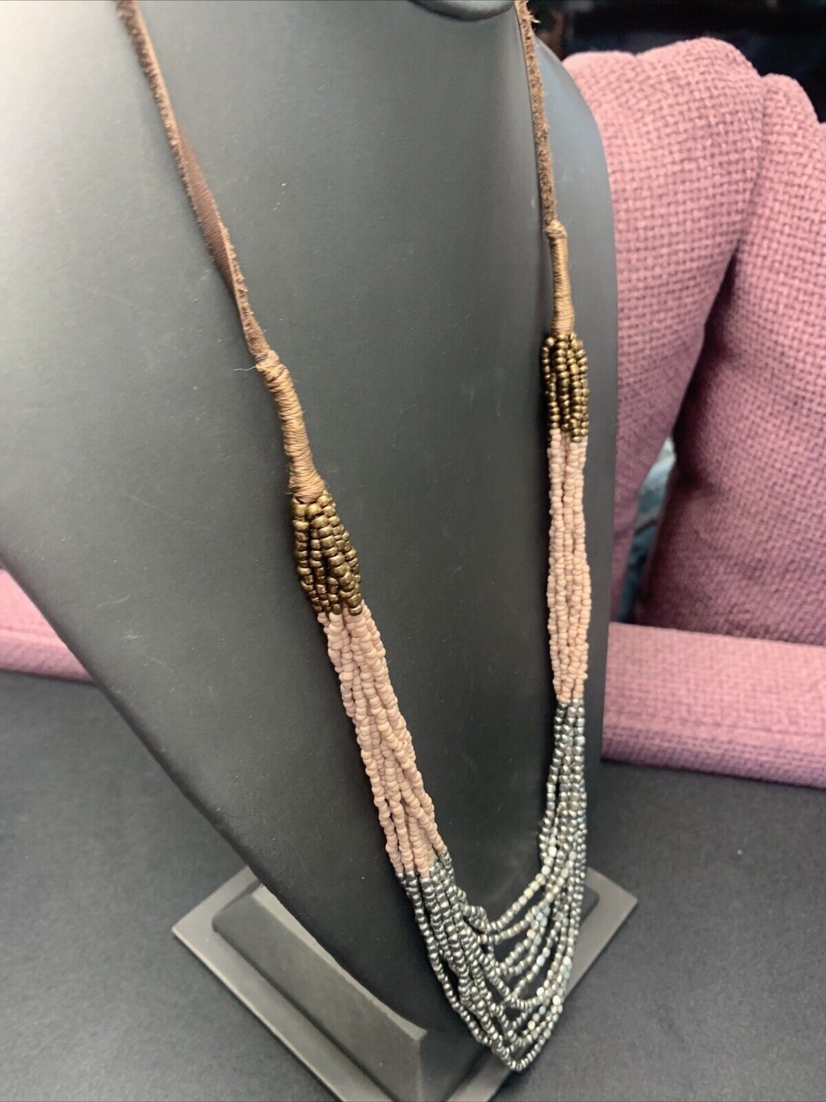 Statement Boho Pendant Waterfall Necklace Beaded Silver Peach Brown 32”