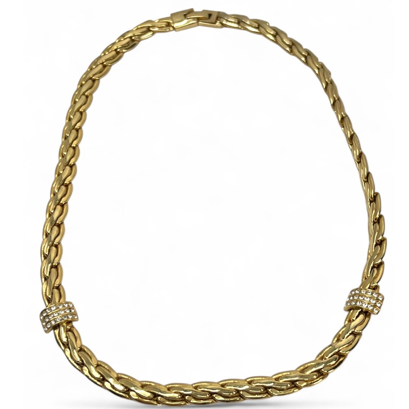 Vintage Necklace Gold Tone Plated Rope Snack Chain Crystal Rhinestone Link
