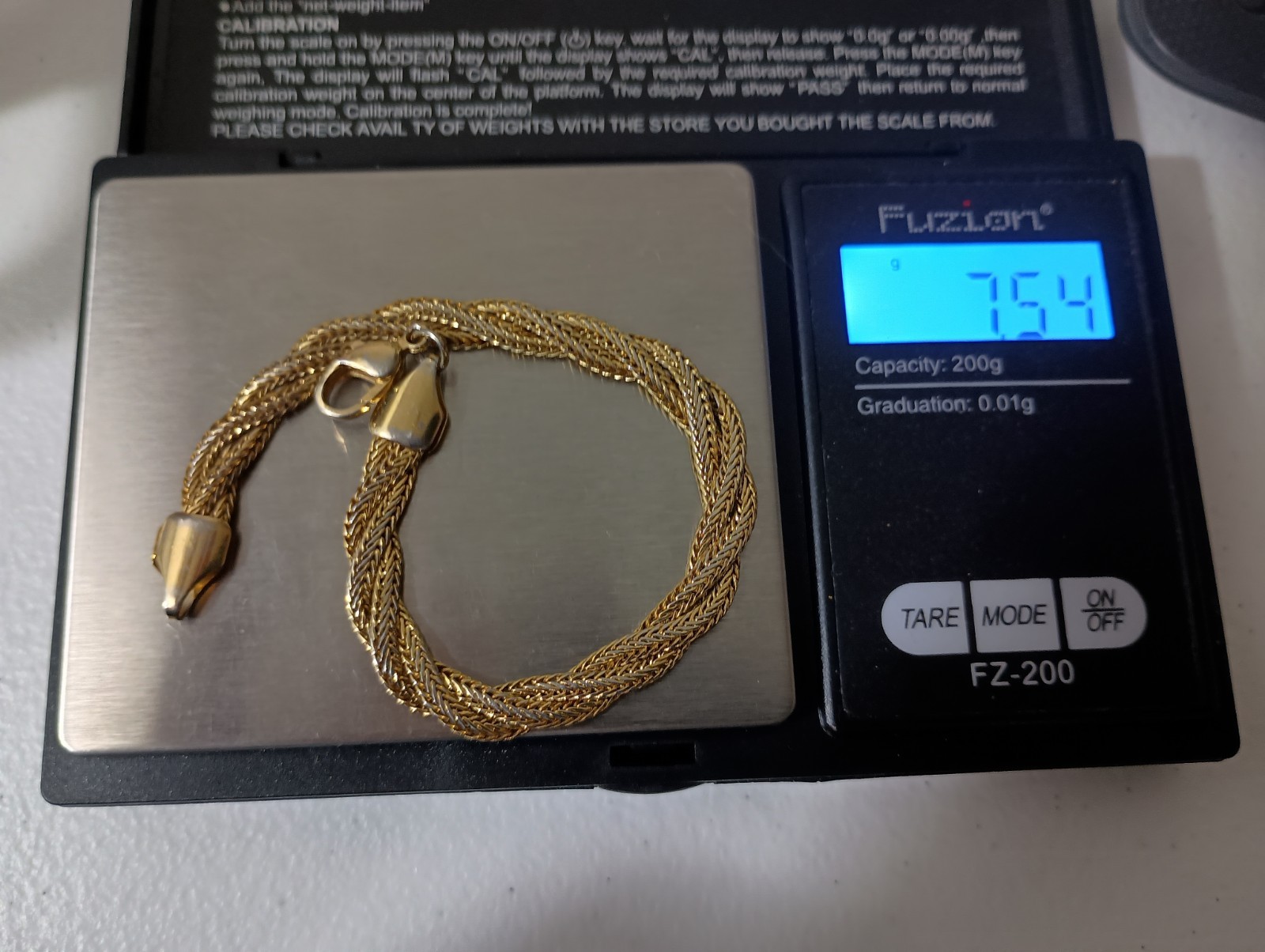 Gold Tone Triple Braided Flat Snake Chain 7.25 In Bracelet