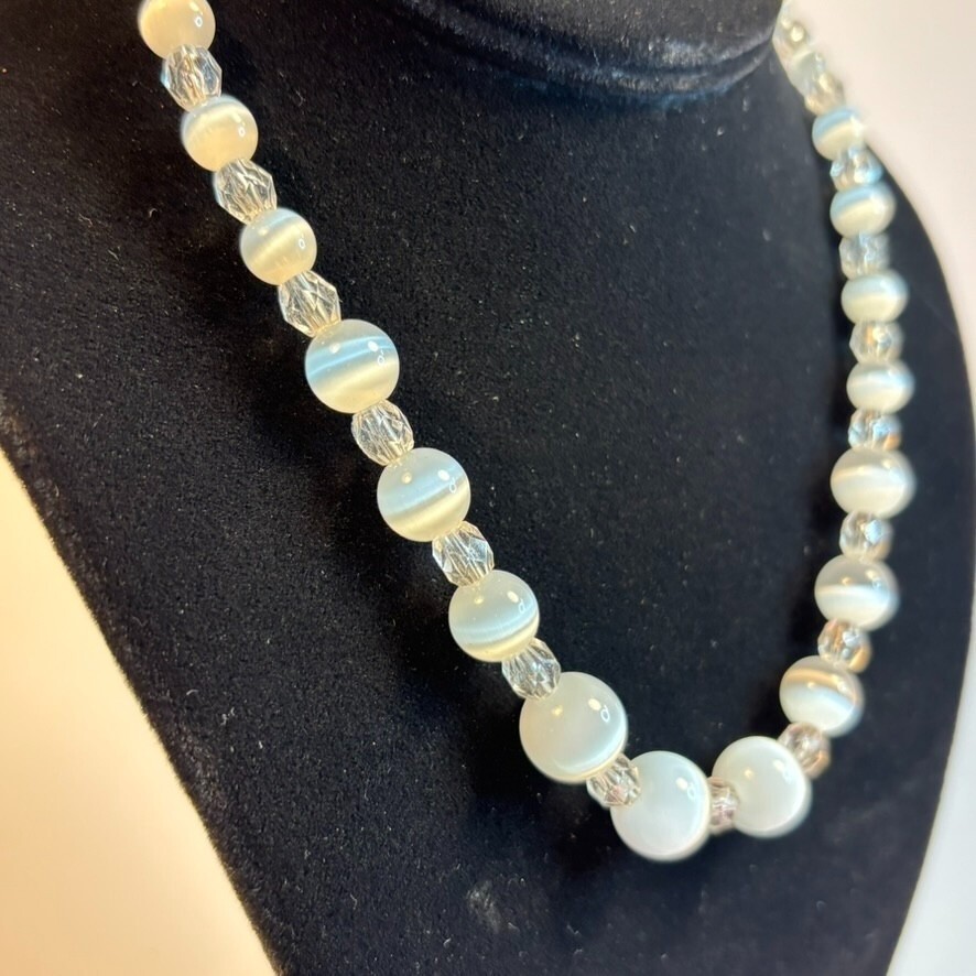 Vintage Necklace White Opalite Semi Precious Stone Beads Cats Eye Glass Crystal