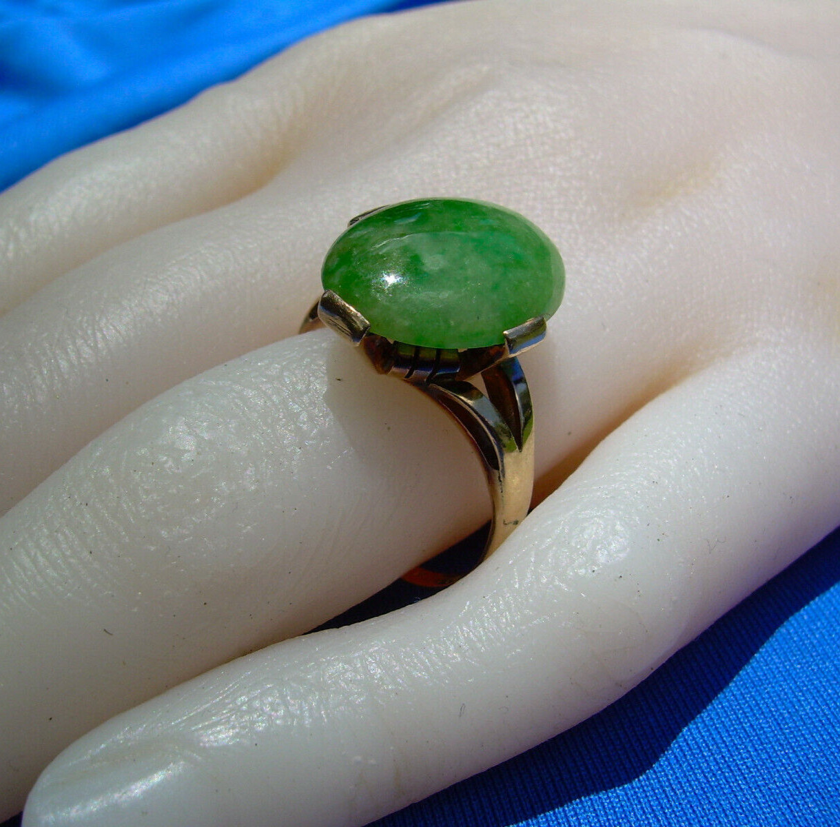 Original EARTH MINED Green Jadeite JADE Deco Engagement Ring 14K GOLD Solitaire