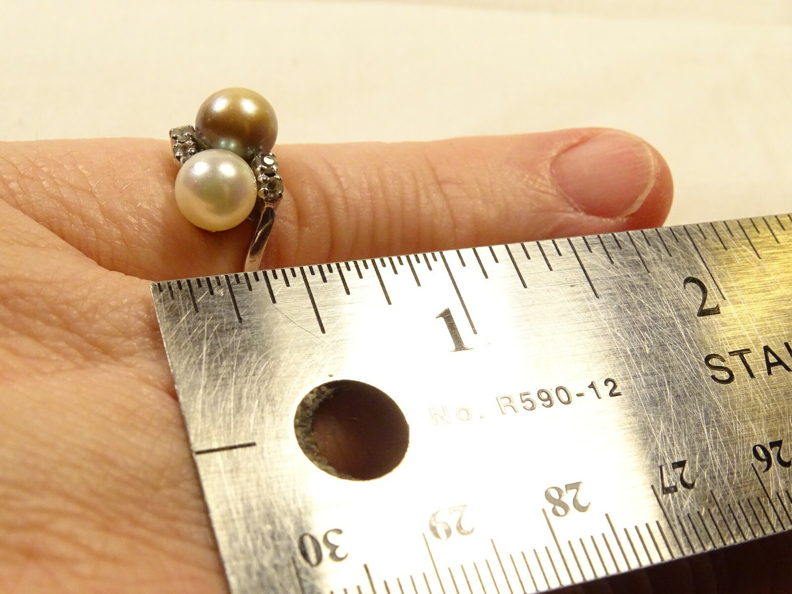 Lovely 10k White Gold Champagne & Cream Double Pearl Bypass Sz 6.5 Dinner Ring