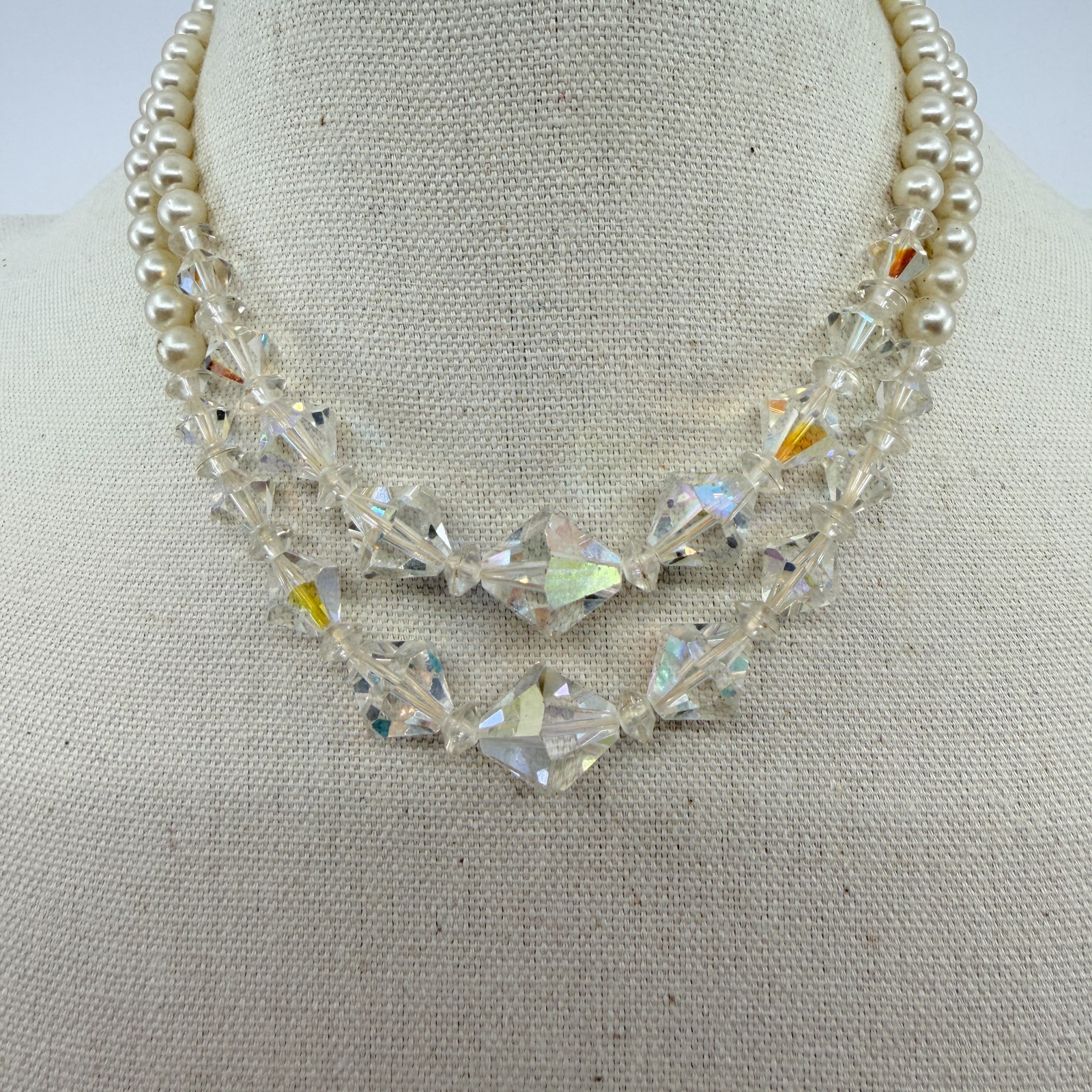 Vintage Aurora Borealis AB Glass Crystal Faux Pearl Layered Strand Choker Retro