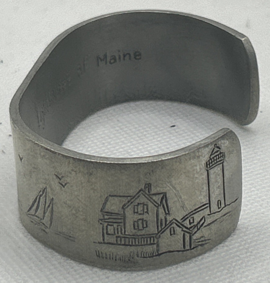Salisbury Pewter Light houses of Maine Signed Embossed Cuff Bracelet 7″ Coastal