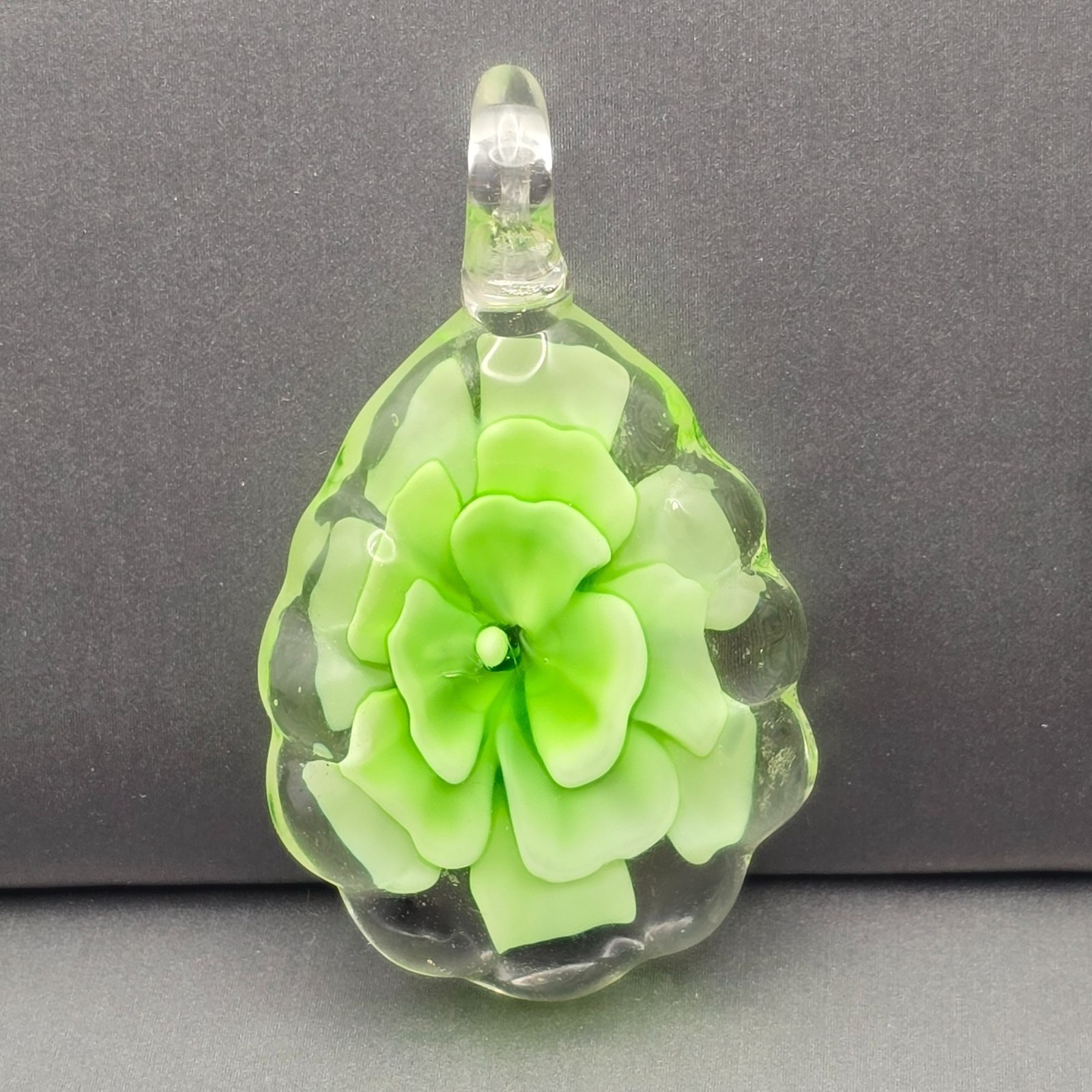 Artisan Glass Leaf Pendant 1.75×1.25″ Green Floral Design Scalloped Edges