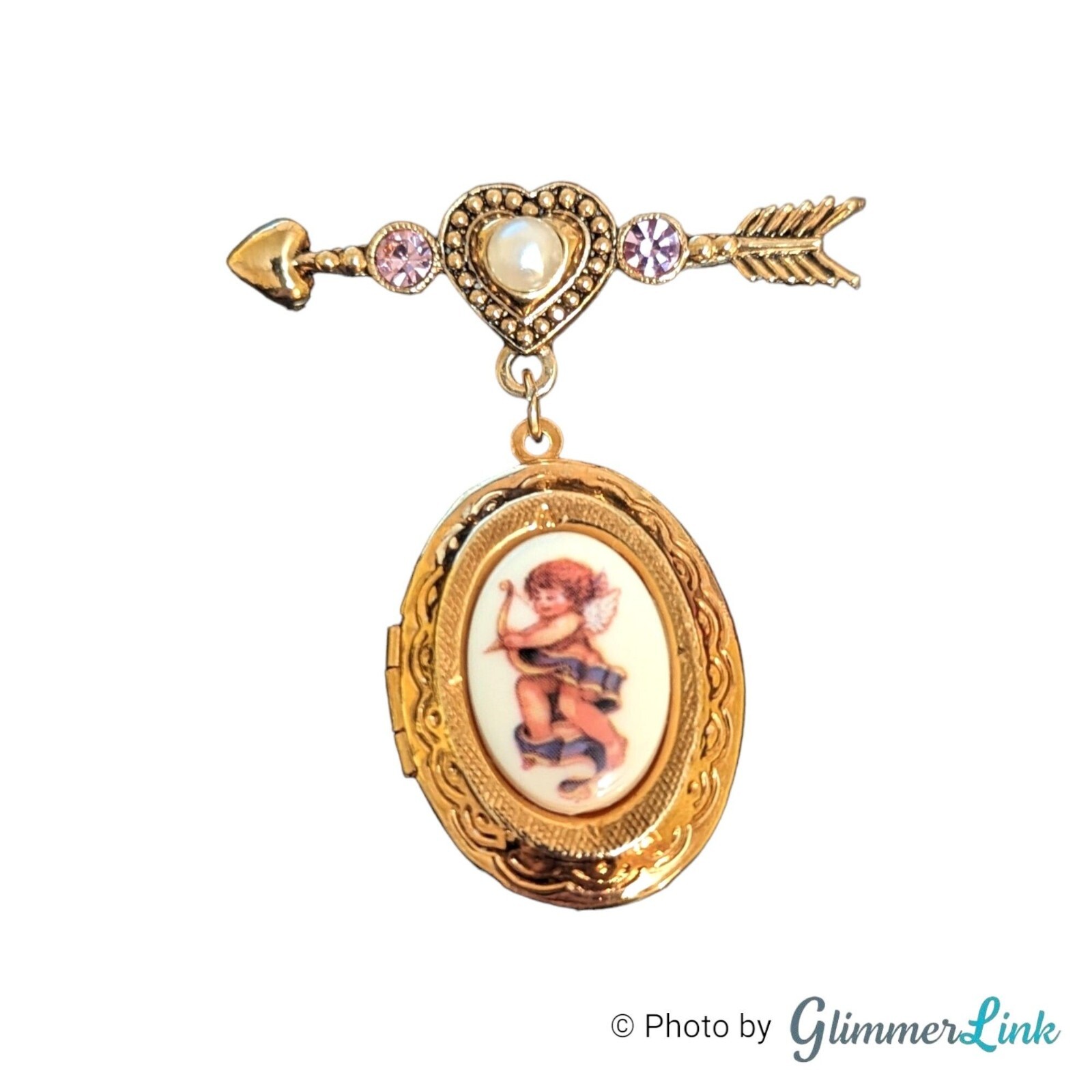 Avon 90s Cherished Moments Cupid Arrow Heart Locket Dangle Brooch Pin