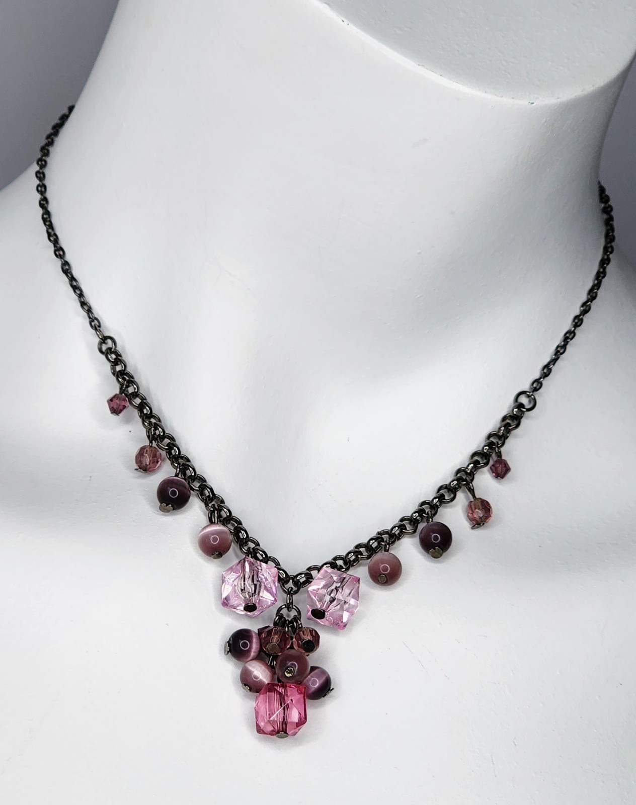 Vintage Style Pink Crystal & Cat Eye Bead Gunmetal Necklace
