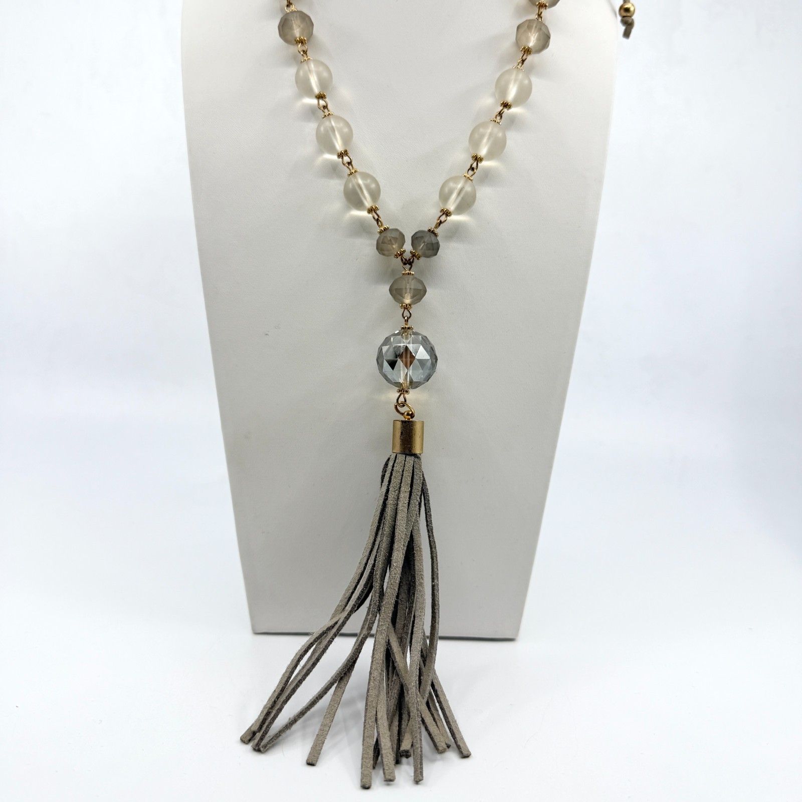 Vintage Boho Suede Tassel Pendant Necklace Gray Glass Beaded Long Statement