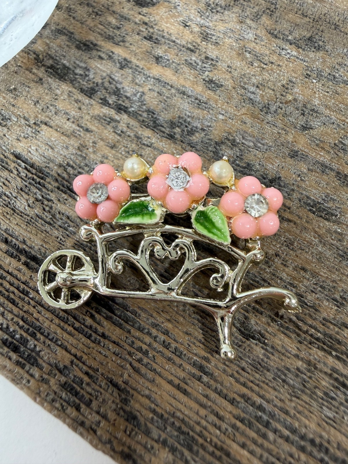 Vintage Gold Tone Pink Flowers with Whimsical Garden Wheelbarrow Brooch
