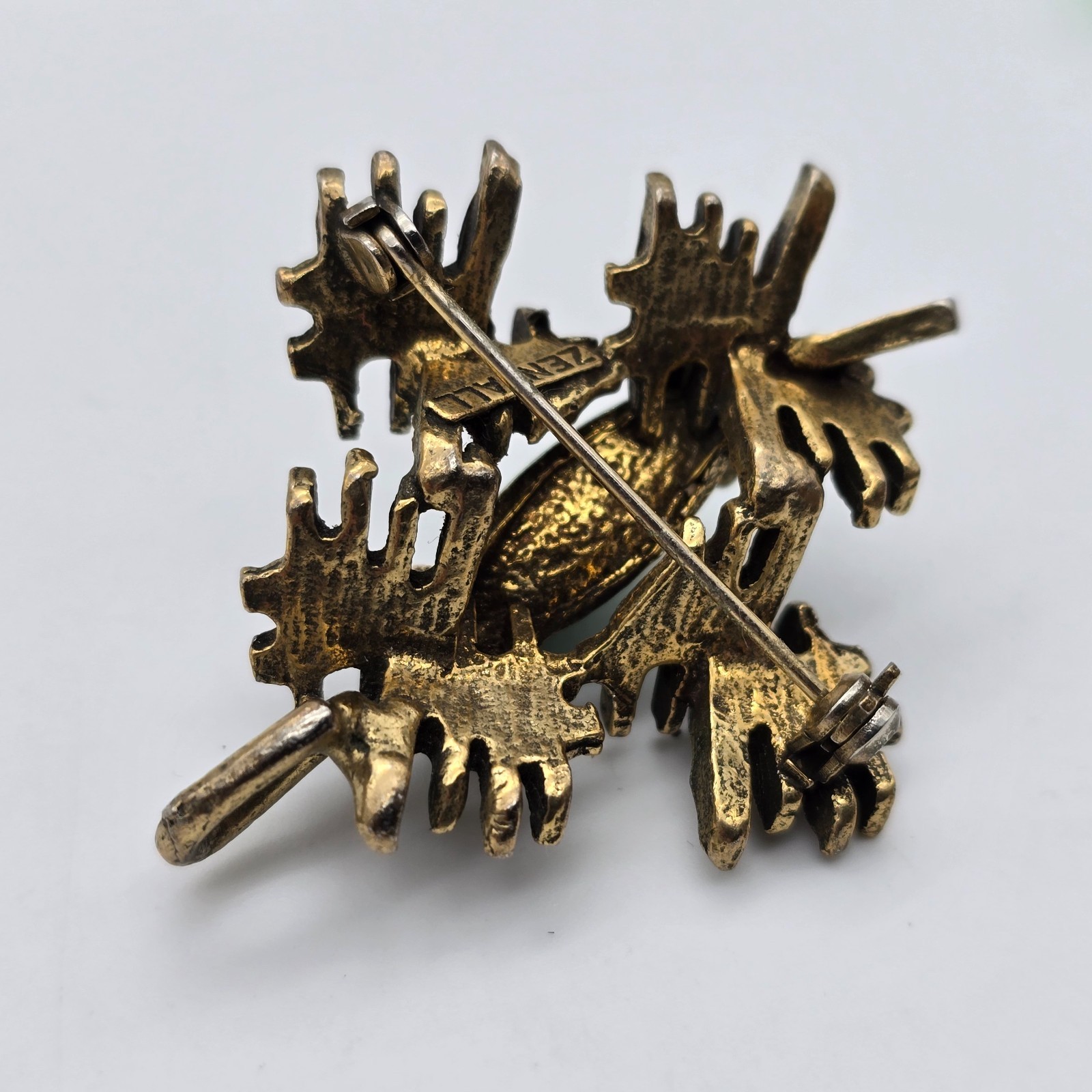 Vintage ZENTALL Brutalist Green Glass Gold Tone Brooch / Pendant