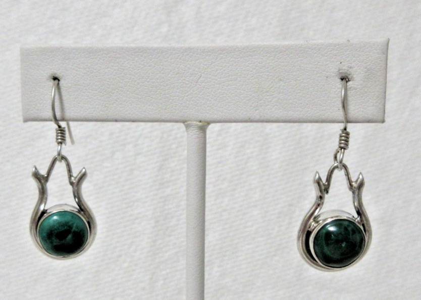 Vintage Sterling Silver Malachite Dangle Pierced Earrings