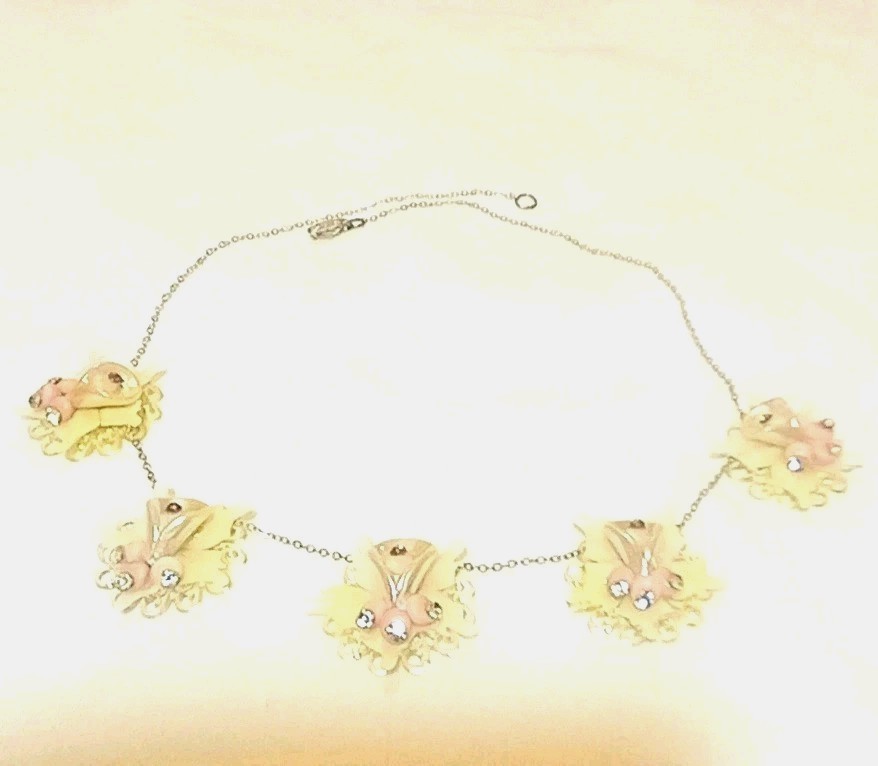 Vintage Necklace Shell Celluloid Rhinestone Floral Cluster 925 Sterling Silver
