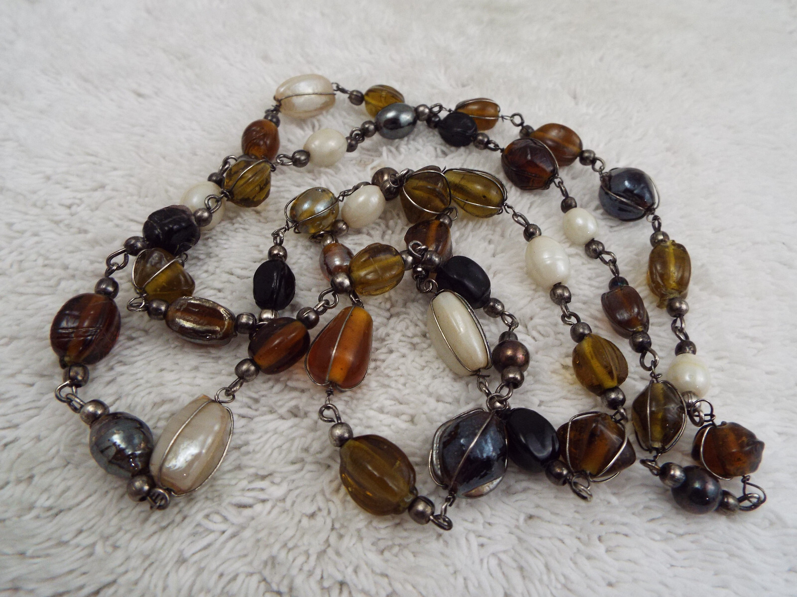 Gunmetal Amber Cream Black Glass Bead Chain Necklace (C61)