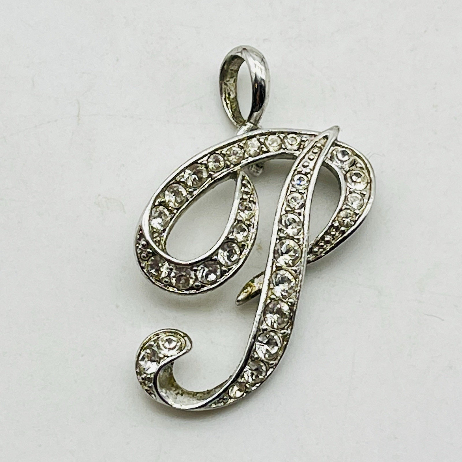 Nolan Miller Monogram Pendant Cursive Letter P Rhinestone Silver Tone 1.5″