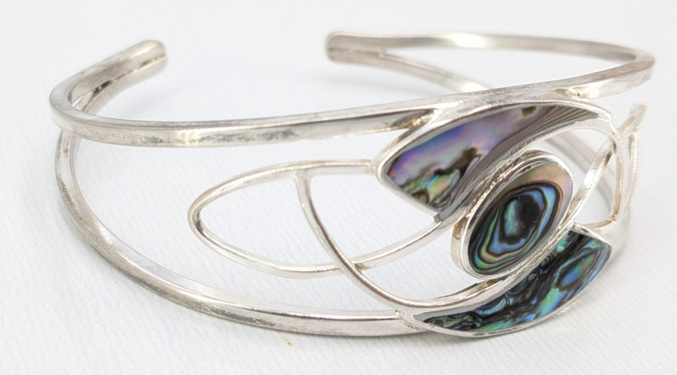 Vintage Abalone Shell Cuff Bracelet Silver Tone Openwork Swirl Small 6.5in Fit