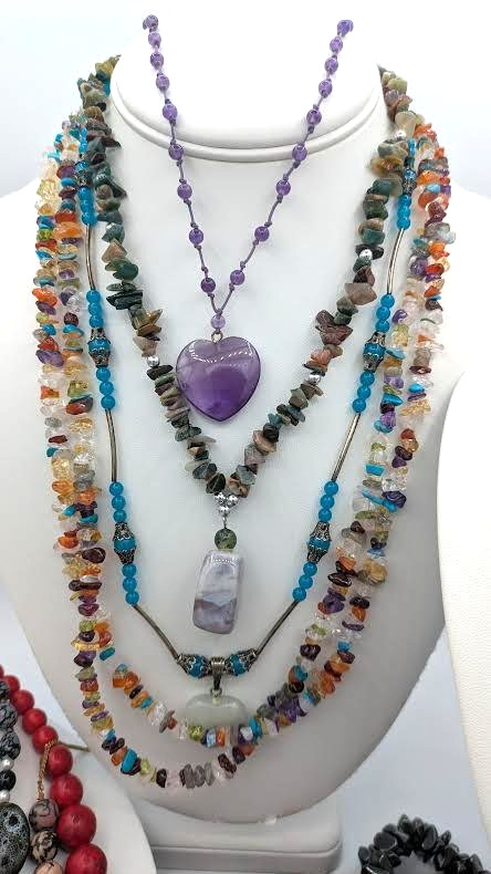 Gemstone Necklace Lot 10 Pc Chunky Beaded Statement Multi Strand Bundle
