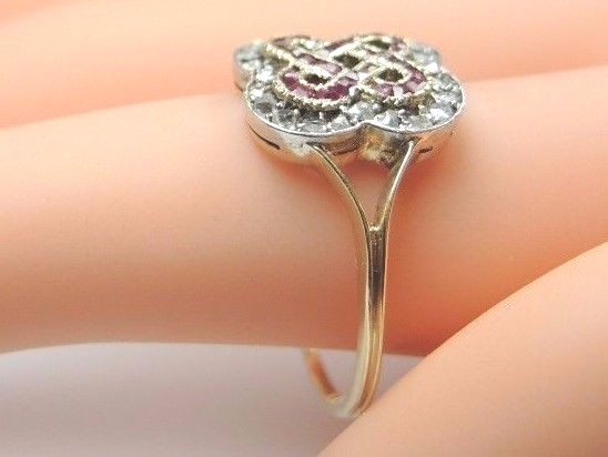 Victorian Art Deco Diamond Ruby 18K Yellow Gold Ring Size 9 UK-R1/2 Fine
