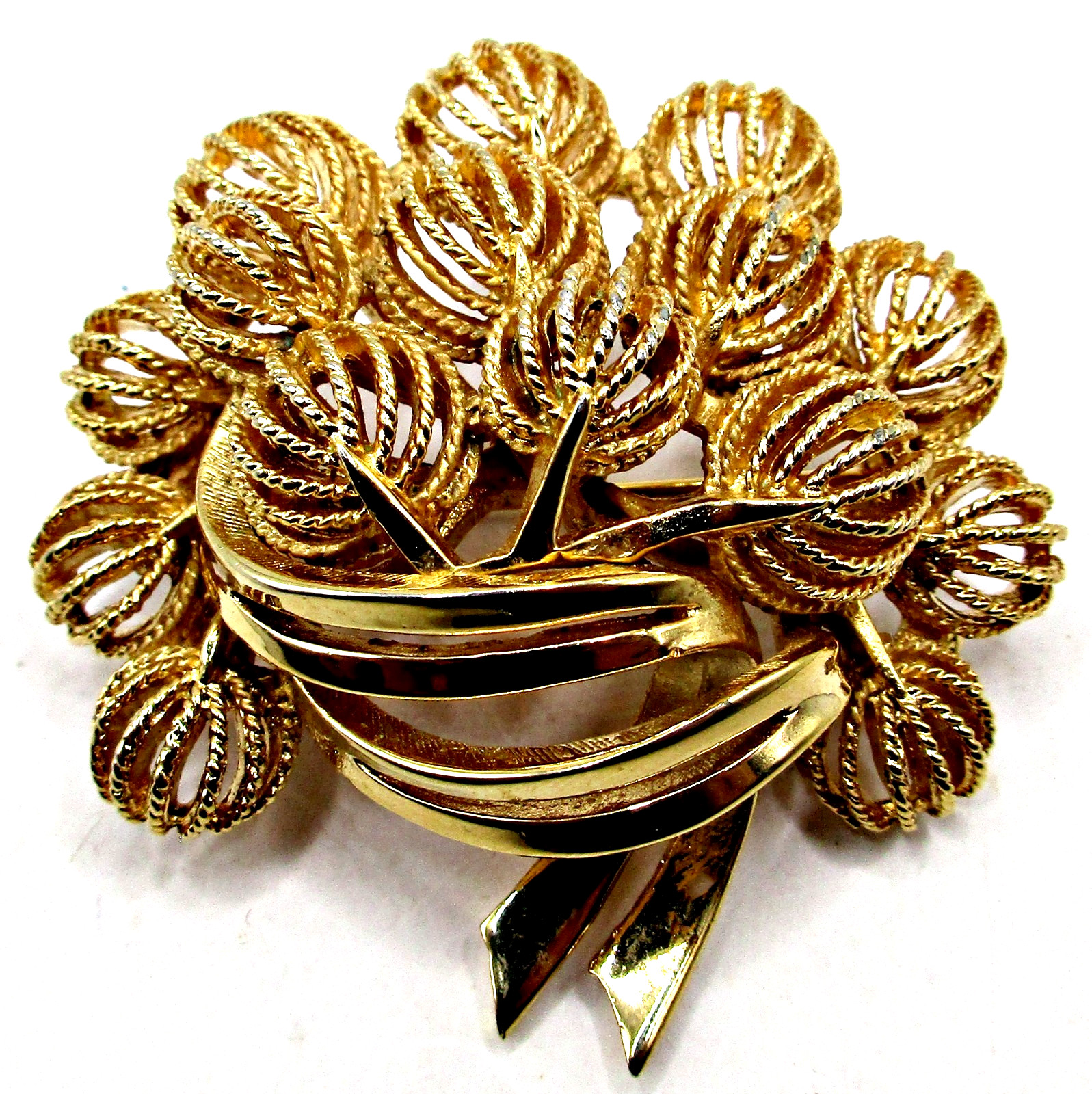 Vintage Signed Corocraft Gold-tone Domed Textured Bouquet Pin Brooch