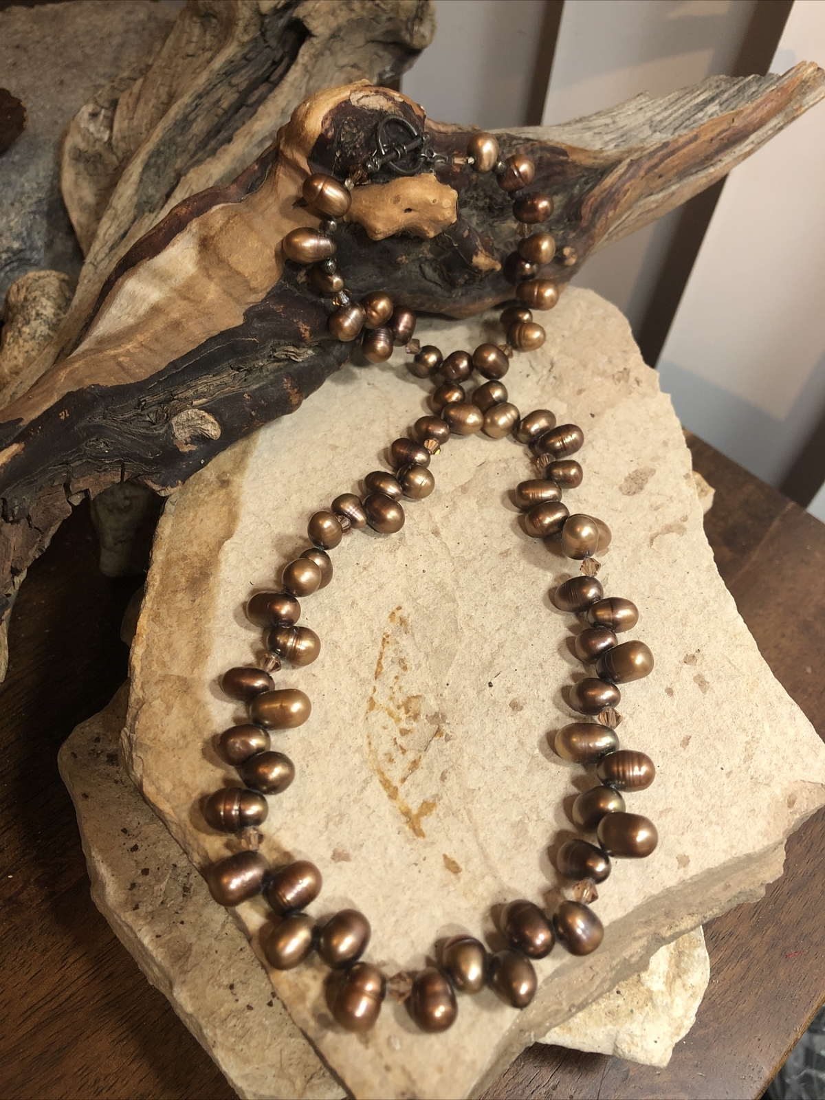 Vintage 925 Sterling Silver Root beer Pearl Bead Beaded Toggle Necklace 44g
