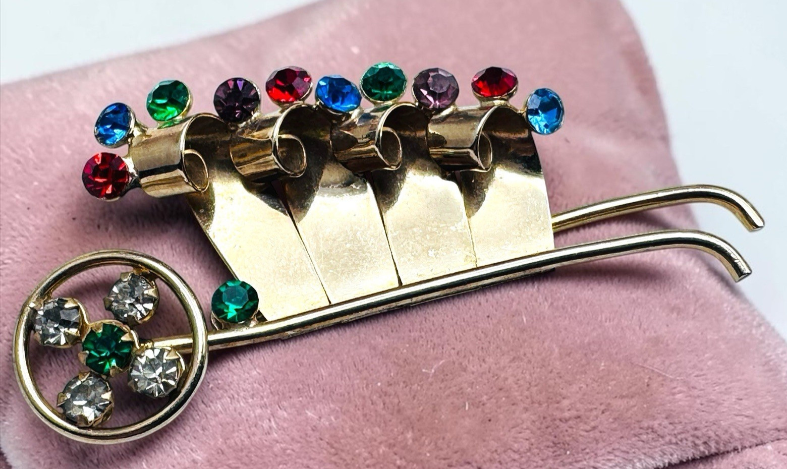 Vintage Coro? Rhinestone Jeweled Wheelbarrow Cart Brooch Very nice