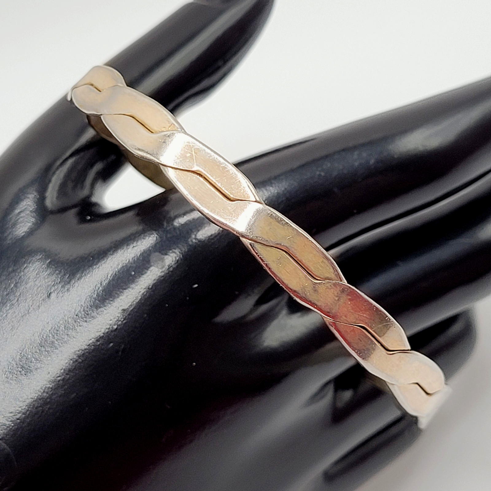 Vintage Mexico Metal Flat Braid Worn Silver Tone Brass Bangle Bracelet 8 Inch