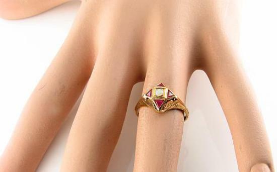 9CT 9K GOLD INDIAN RUBY AUSTRALIAN OPAL ART DECO INS COCLTAIL RING FREE Sz