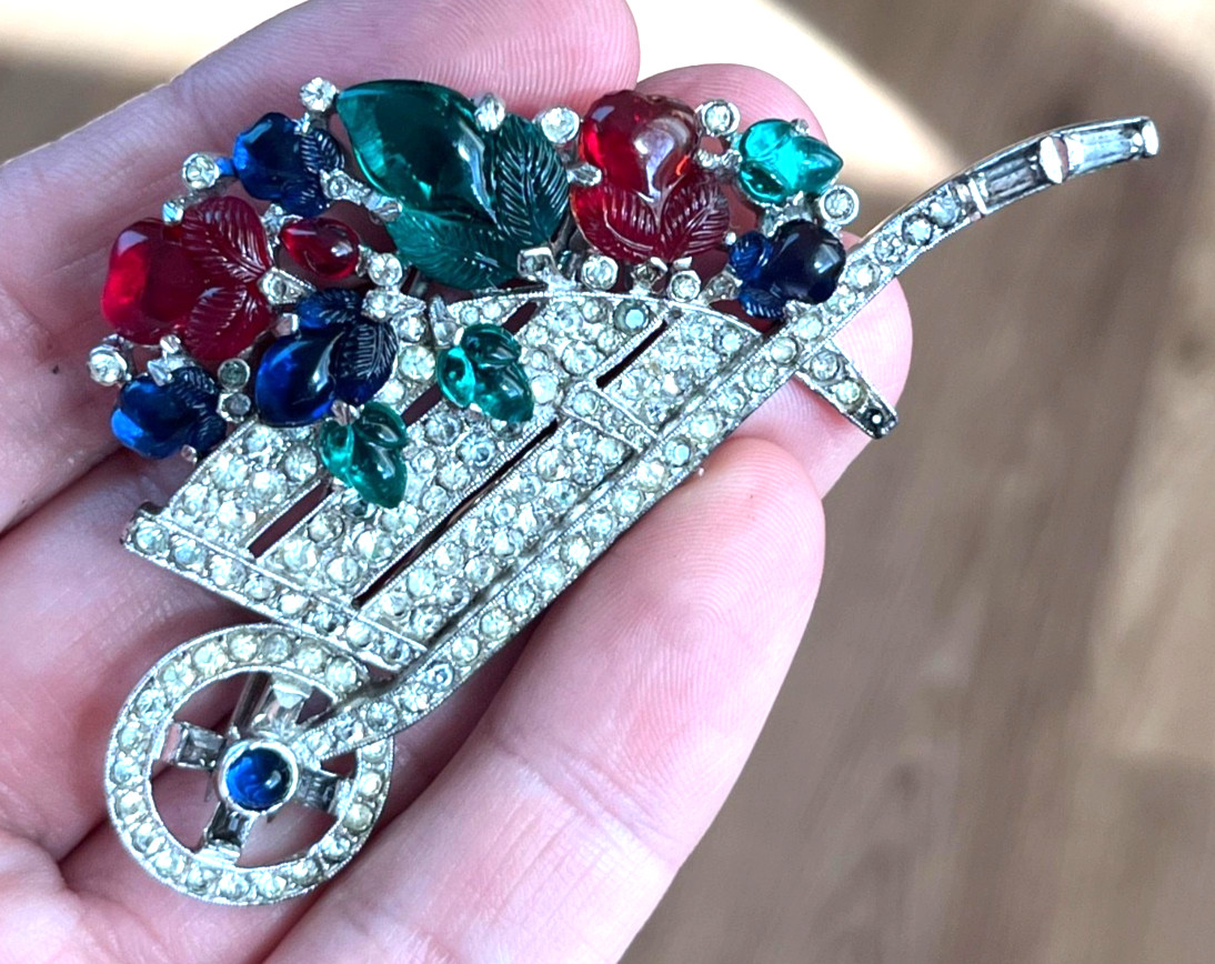 Crown Trifari Fruit Salad Flower Wheelbarrow Brooch Clip Alfred Philippe Deco