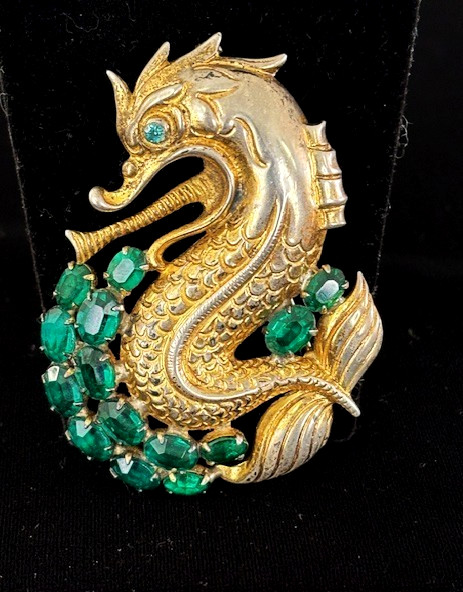 RARE VTG FRED BLOCK Gold Wash Sterling Green Stone SEA MONSTER Pin Brooch 31.8G