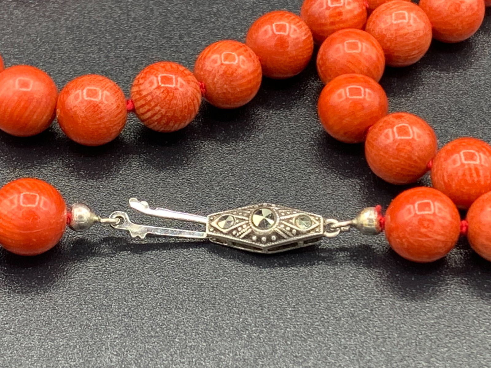 9mm Red Knotted Coral Beads Necklace W/ HB .925 Solid Silver Marcasite Clasp 72g