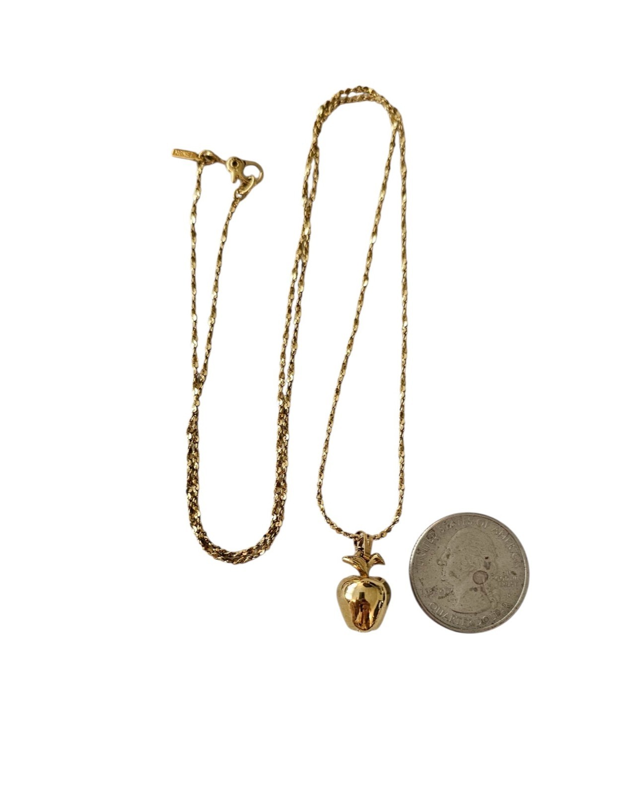 Monet Vintage Apple Charm Necklace, Sister Clasp Gold Tone Chain 24″ Long Signed