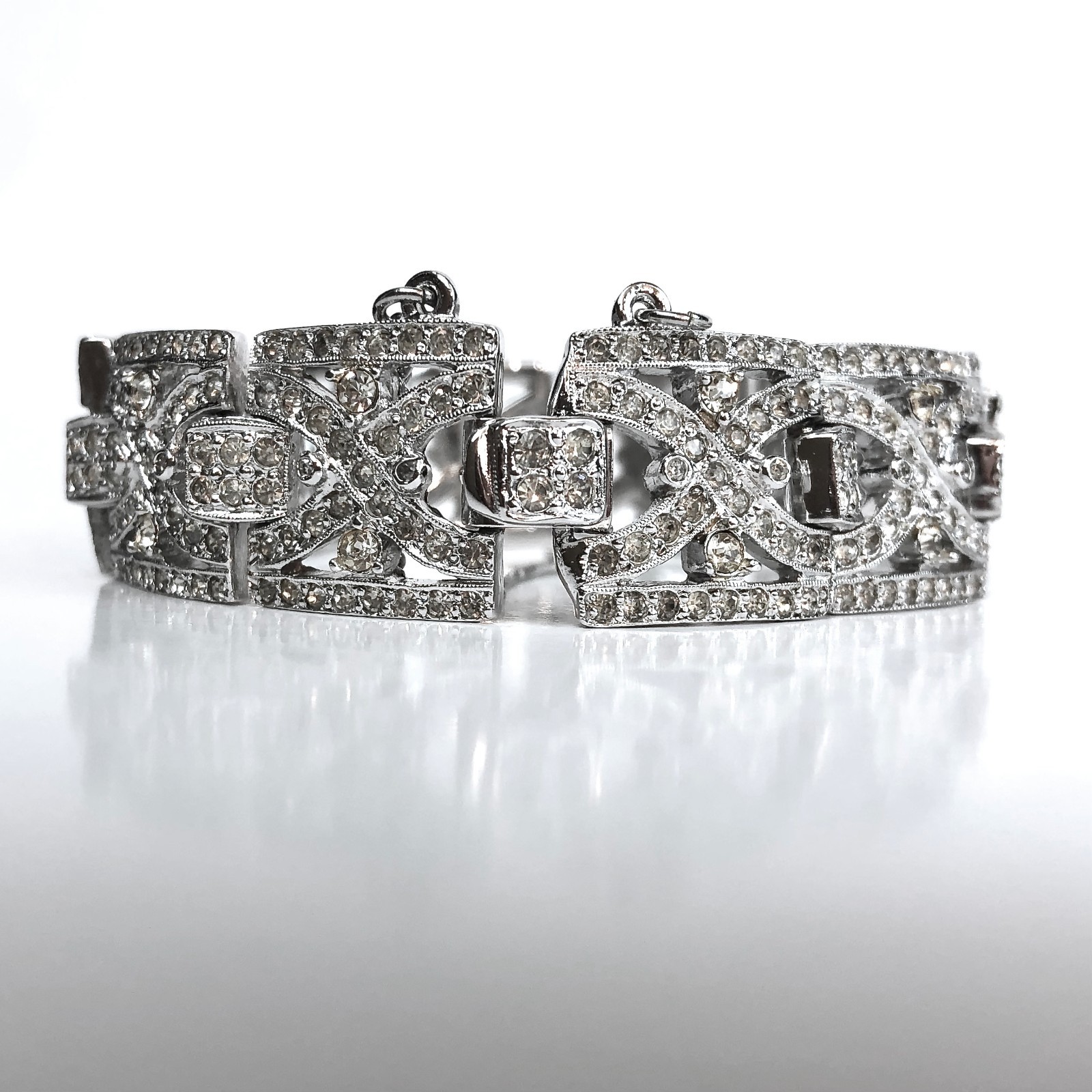 Vintage Art Deco Rhinestone Bracelet Geometric Panels Safety Chain Clasp