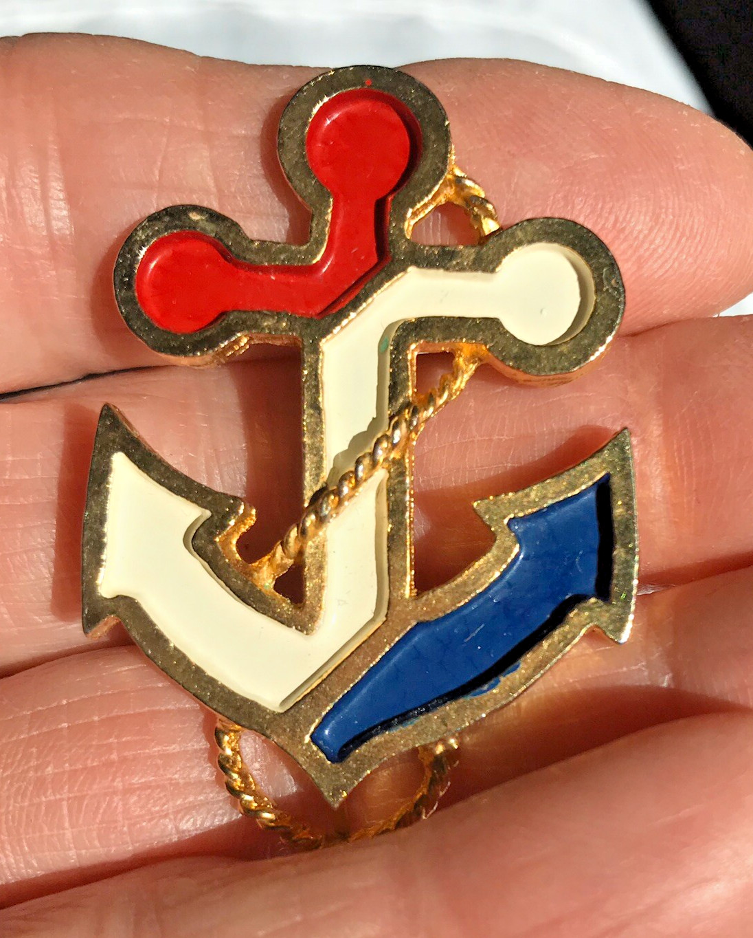 Gold Red White Blue Enamel Nautical Anchor Rope 2″ Pin Brooch SUMMER July 4