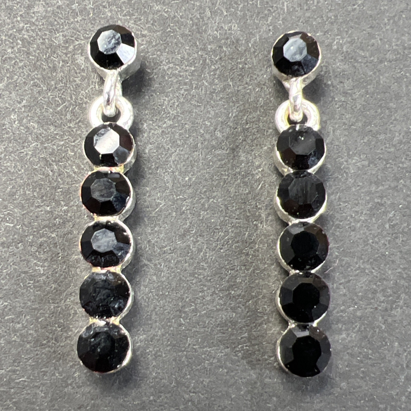 Black Rhinestone Dangle Drop Earrings Silver Tone with Backers