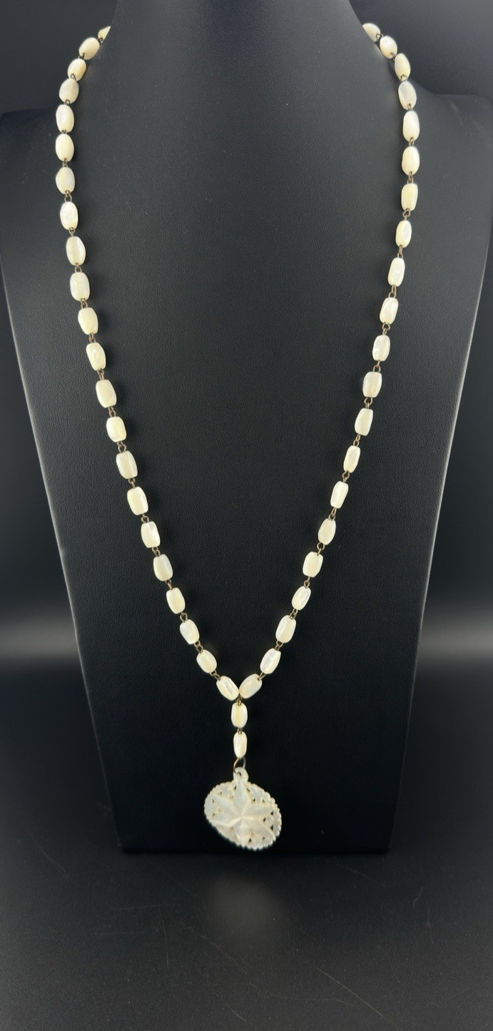 Antique Hand Carved Mother Of Pearl Star Beaded Pendant Necklace – Rosary