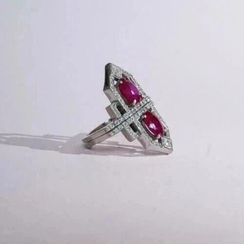 Share 3.45Ct Art Deco Style Oval Lab Created Ruby Wedding 14K White Gold Finis