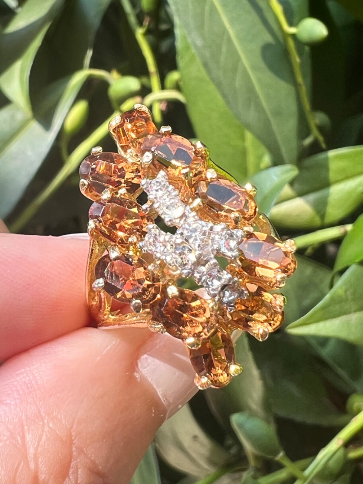 VINTAGE LARGE FAUX CITRINE GLASS CZ CUBIC ZIRCONIA COCKTAIL DRESS RING STATEMENT