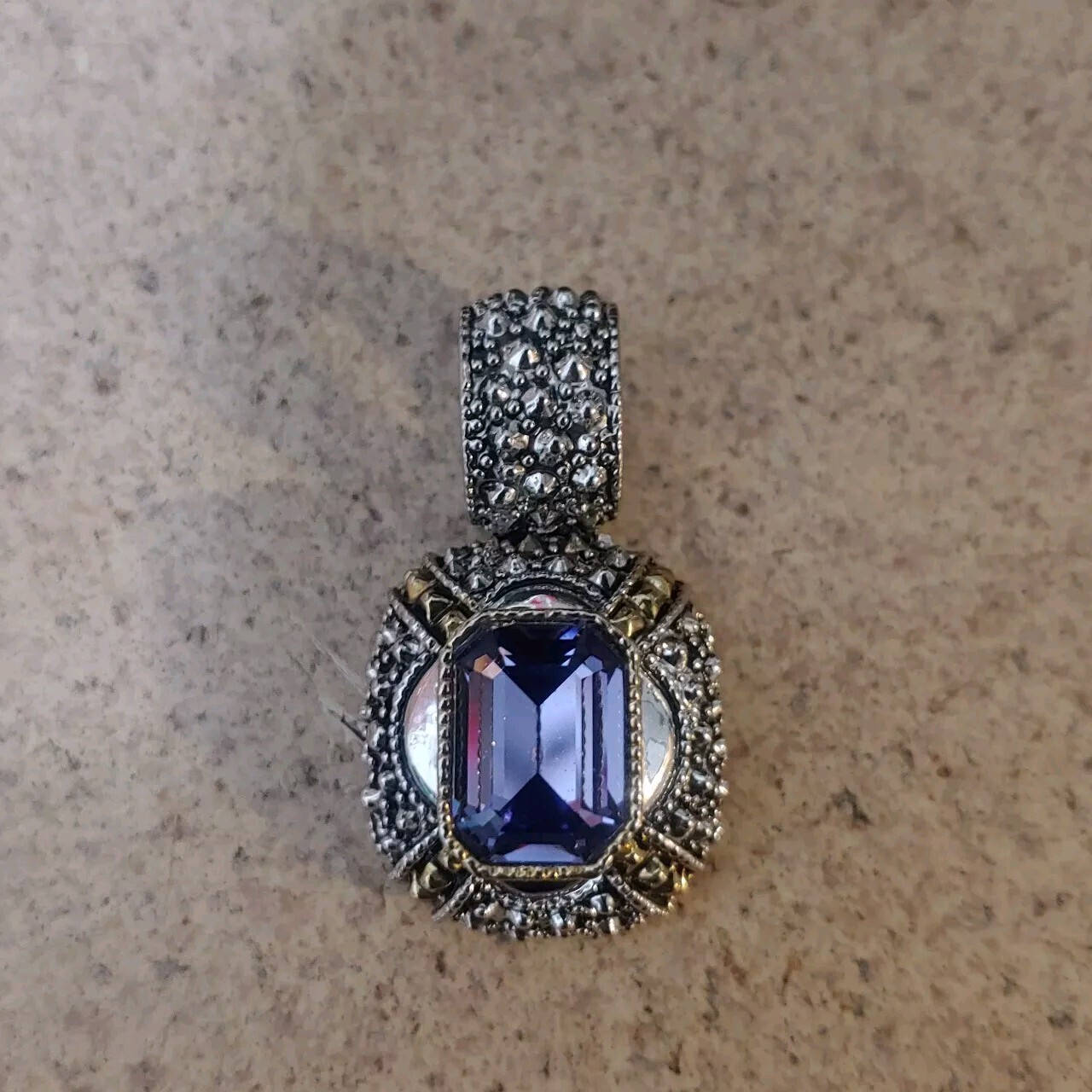 Emerald Cut Purple Glass Stone Pendant Silver tone Gold Accent Pearl Enhancer