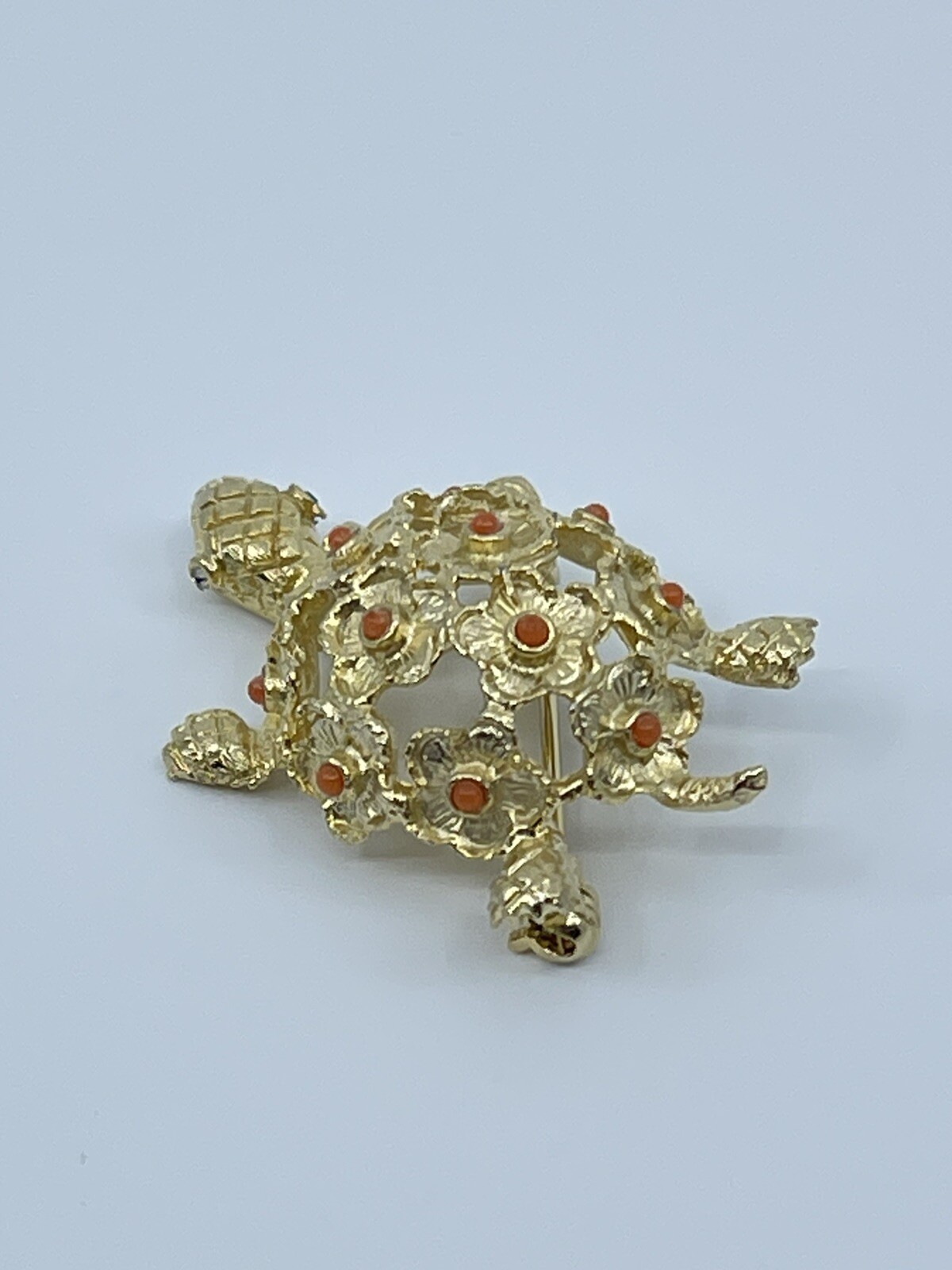 Vintage Brooch Pin De Nicola turtle faux coral and green rhinestone 1-3/4″
