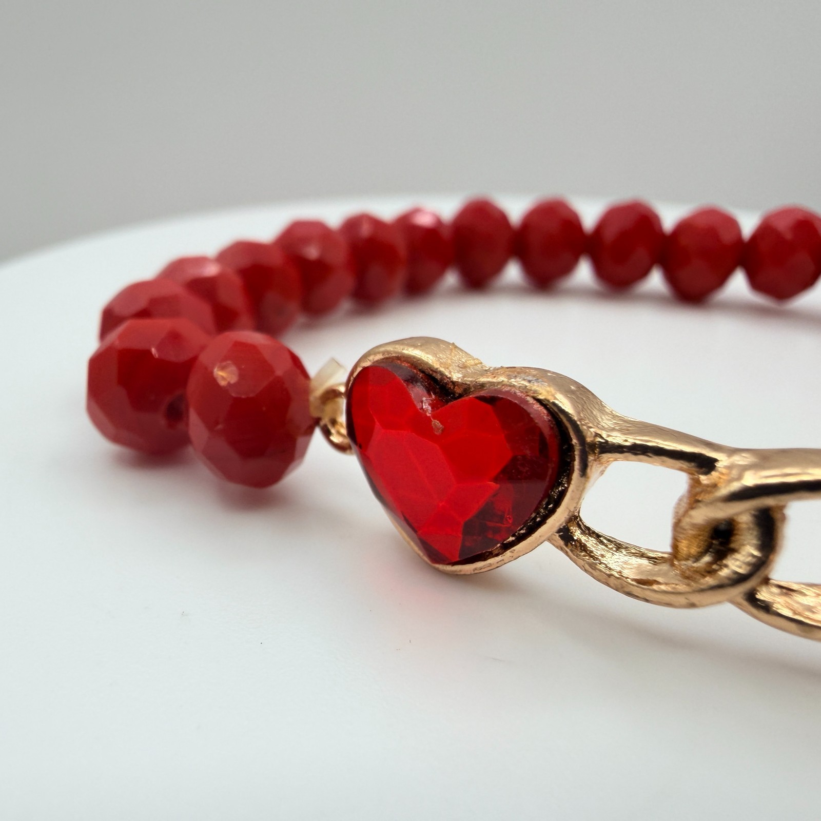 Vintage Gold Tone Red Crystal Heart Jewelry Set Ring Bracelet Post Stud Earrings